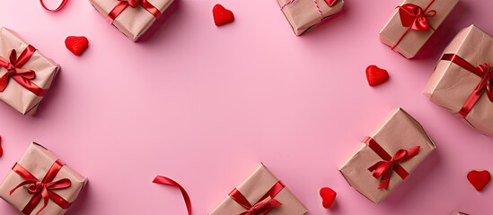 Canvas Print - Pink background with gift boxes featuring red hearts and room for text in the image. copy space available