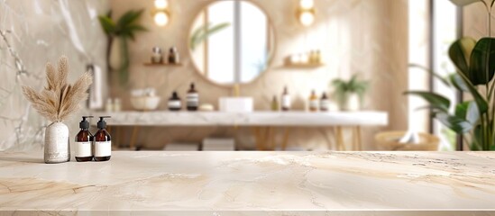 Aufkleber - A bare marble table background with a blurry bathroom interior for displaying products in a montage with copy space image.