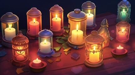 Wall Mural - Beautiful and colorful lit candles in lanterns on a wooden table, creating a warm and cozy atmosphere at night.