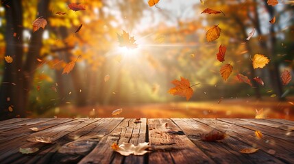 Poster - Beautiful autumn landscape with falling leaves and sunlight. Wooden deck in the foreground. AI-generated image depicting nature harmoniously. Perfect for seasonal themes and natural designs. AI