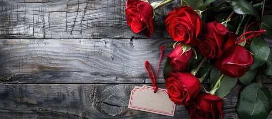 Wall Mural - Red roses with a label on a wooden backdrop, perfect for a copy space image.