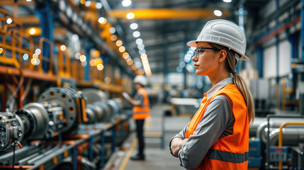 Female industrial engineer wearing hard hat and safety vest standing with arms crossed in a factory