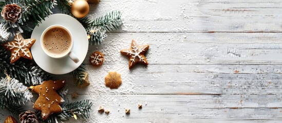 Canvas Print - Top view of a festive scene featuring a Christmas tree, coffee cup, and cookie on a white rustic wooden backdrop, perfect for adding text with a copy space image for a Christmas mock-up or greeting