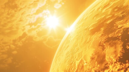 Wall Mural - a yellow planet with a sun shining on it. the sun is in the center of the image and is surrounded by