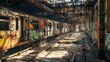 © Jeerawut - Abandoned train station with graffiti-covered train cars and decaying structure, evoking an urban, post-apocalyptic atmosphere.