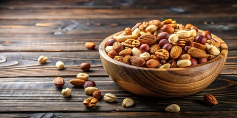 Poster - Bowl of mixed nuts on a wooden table , snack, healthy, variety, almonds, pistachios, cashews, walnuts, hazelnuts