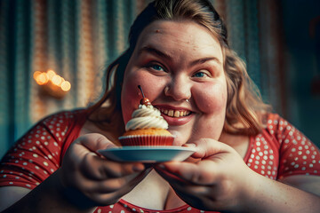Wall Mural - A very fat woman smiling broadly while holding a tiny cupcake between her fingers.