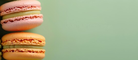 Wall Mural - Close-up of colorful macaron or macaroon, a sweet meringue-based treat on a green background, with space for writing or images. Copy space image. Place for adding text and design