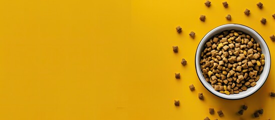 Poster - Top view of a yellow background with pet accessories, dry dog food in a bowl, and copy space image for a pet feeding concept. Frame composition included.