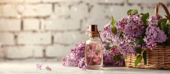 Sticker - Perfume bottle and lilac flowers in a basket on a table with a light brick wall in the background, creating a serene copy space image.