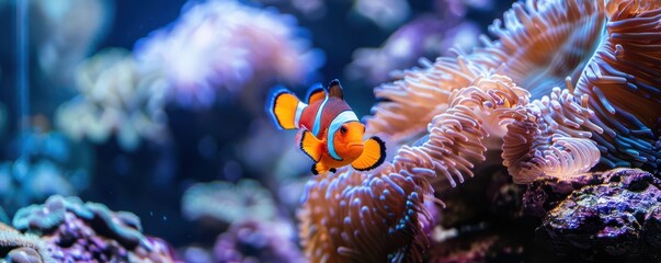 Wall Mural - Clownfish swimming among colorful corals. Lively and vibrant underwater scene.