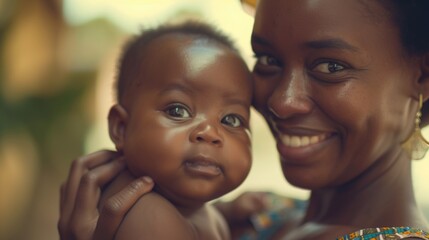 Wall Mural - A woman is holding a baby and smiling. The baby has a green eye. The image conveys a warm and loving atmosphere