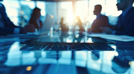 Wall Mural - A group of people are sitting around a table with a tablet on it. The tablet is displaying some sort of data or information. The people are all dressed in business attire