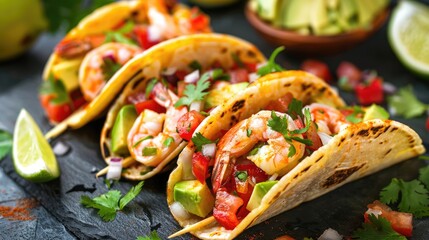 Delicious Tacos: Shrimp Taco with Avocado, Salsa, and Fresh Vegetables