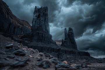 Dark Cliffs. Towering Black Shale Rock Monolith in Utah Desert Landscape