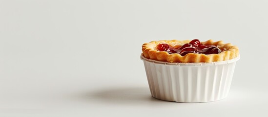 Wall Mural - A solitary jam tart with apricot and cherry filling is presented in a paper cup against a white backdrop, with plenty of room for text in the image. Copy space image. Place for adding text and design