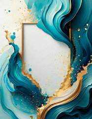Wall Mural - Golden frame with teal ink waves or watercolor paint stains on a white background