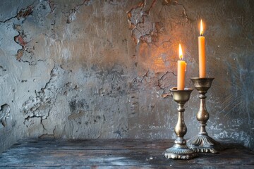 Candle Sticks. Two Vintage Brass Candle Holders with Burning Candles Against an Empty Wall