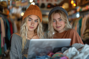 Two young women wearing knitted hats, sitting in a cozy store filled with various clothes, looking intently at a laptop screen placed before them.