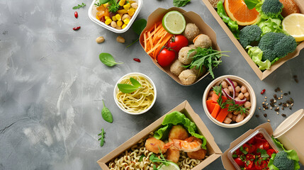 Wall Mural - Healthy take away food and drinks in disposable eco friendly paper containers on gray background, top view.