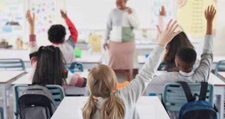 Aufkleber - Back, children and hands for answer in classroom with question, knowledge and learning in education. Students, diversity group and curious at school with study, solution and feedback for exam or test