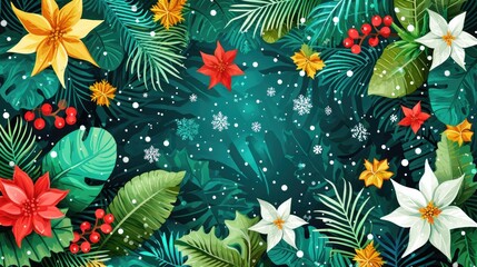 Wall Mural - A colorful and vibrant image of a forest with snowflakes falling on the leaves. The image is a beautiful representation of the winter season and the beauty of nature