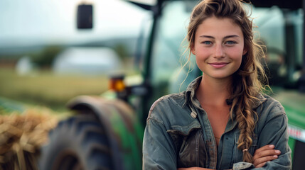 Sticker - Portrait of a beautiful young female farmer standing with her arms crossed in front of a tractor on a farm