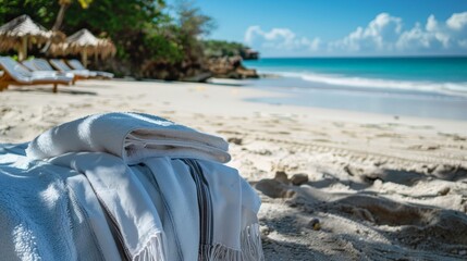 Wall Mural - Beach towels are spread out on the sand, inviting us to relax and soak up the sun's warmth.