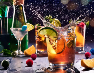 Alcohol cocktail on dark background, with drink splashes