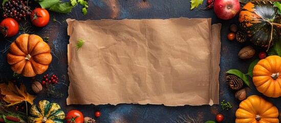 Wall Mural - top-down view of a thanksgiving pumpkin harvest with a blank paper for copy space image.