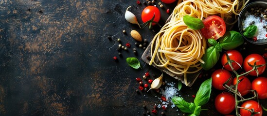 Poster - Mediterranean style pasta with tomatoes, basil, and cooking ingredients on the table in a copy space image.