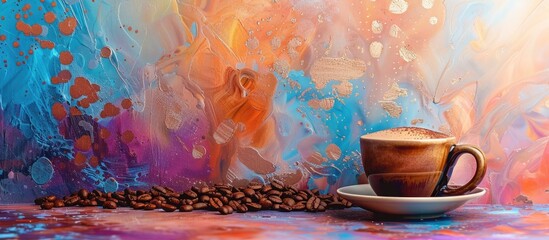 Canvas Print - Artistic arrangement featuring a cup and coffee beans on a colorful backdrop with copy space image available.