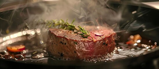 Wall Mural - Preparing a succulent beef filet mignon on a sizzling pan. Copy space image. Place for adding text and design