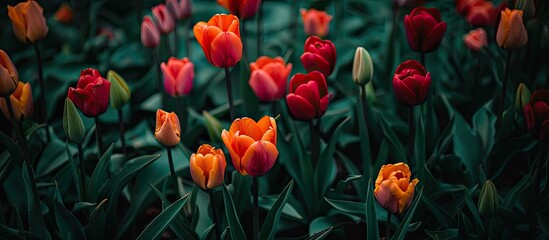 Wall Mural - Tulips blooming beautifully in a colorful array amidst green foliage, perfect for a copy space image.