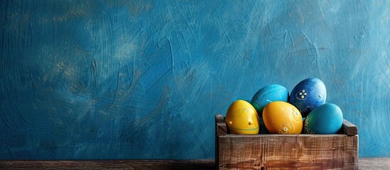 Poster - Easter eggs of blue, yellow, and gold in a wooden box on a blue wall, creating a spring-themed copy space image.