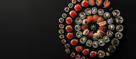 Wall Mural - Circular arrangement of nigiri sushi and uramaki rolls on a black background, forming a captivating image for a Japanese restaurant, including copy space.