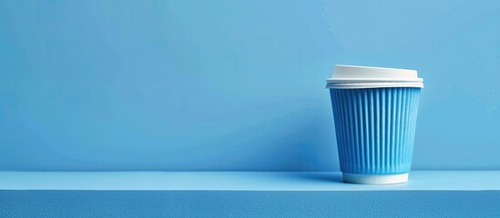 Poster - Present a disposable coffee cup against a blue backdrop with an available area for text or graphics. . Copy space image. Place for adding text and design