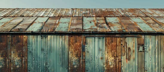 Wall Mural - Create a design featuring an ancient backdrop with a zinc roof showing signs of oxidation, rust, and dirt, accompanied by space for adding an image. Copy space image. Place for adding text and design