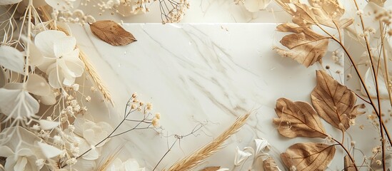 Beige background flat lay featuring a white marble podium framed by dry natural grass, leaves, and flowers, ideal for beauty and fashion concept, with top view and copy space image.