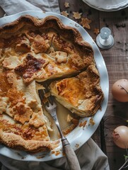 Wall Mural - A pie is cut in half and a fork is sticking out of it. The pie is on a wooden table with a few other items, including an egg and a star