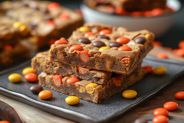 Wall Mural - A plate of brownies with orange and yellow candies on top