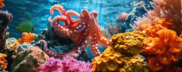 Wall Mural - A large octopus is swimming in a colorful coral reef. The octopus is surrounded by a variety of sea creatures.