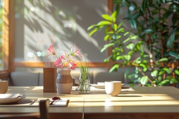 Wall Mural - A table with a vase of flowers and a cup of coffee. The table is set for a meal, with a fork and knife on the table