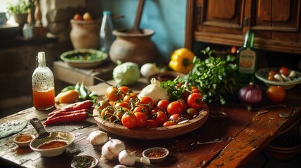 Wall Mural - A table with a variety of vegetables and spices, including tomatoes, peppers, and garlic. The table is set for a meal, and the ingredients are ready to be cooked