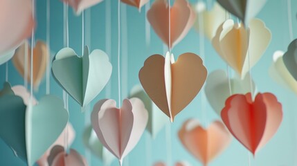 Wall Mural - A bunch of paper hearts hanging from the ceiling. The hearts are of different colors and sizes. Concept of joy and celebration, as the hearts are often associated with love and affection