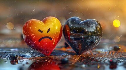 Wall Mural - Two hearts, one with a frown and the other with a smile. The frowning heart is yellow and red, while the smiling heart is black. Concept of sadness and happiness