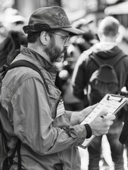 Wall Mural - A man wearing a hat and glasses is holding a clipboard and writing on it. He is surrounded by other people, some of whom are carrying backpacks. The scene appears to be a busy public area