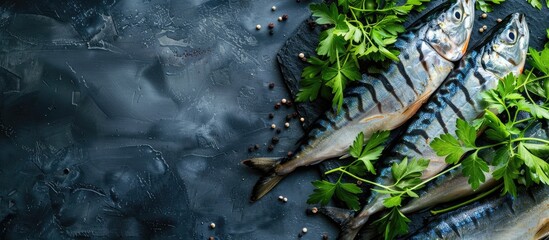 Sticker - Salted mackerel fish with fresh green parsley against a dark backdrop, ideal for a copy space image.