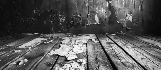 Canvas Print - An aged wooden floor with peeling paint creates a dark vignette backdrop in a black and white image with copy space.