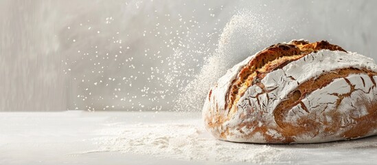 Sticker - A rustic loaf of artisan bread with a sprinkling of flour on top, against a plain background for a copy space image.